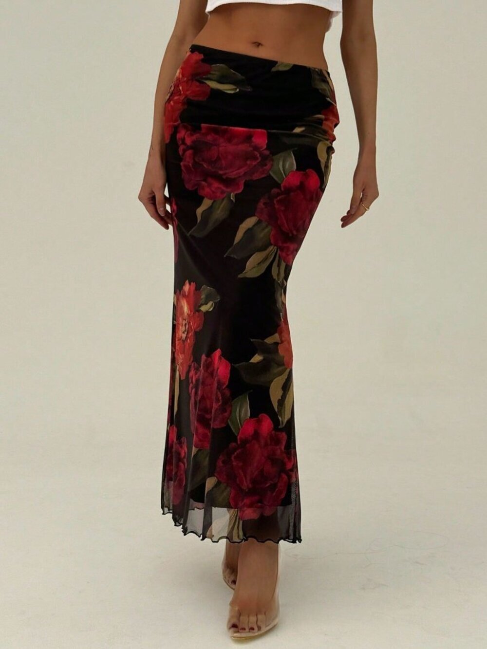 Black Boho Women's Stretchy Mesh Skirt with Romantic Floral Print